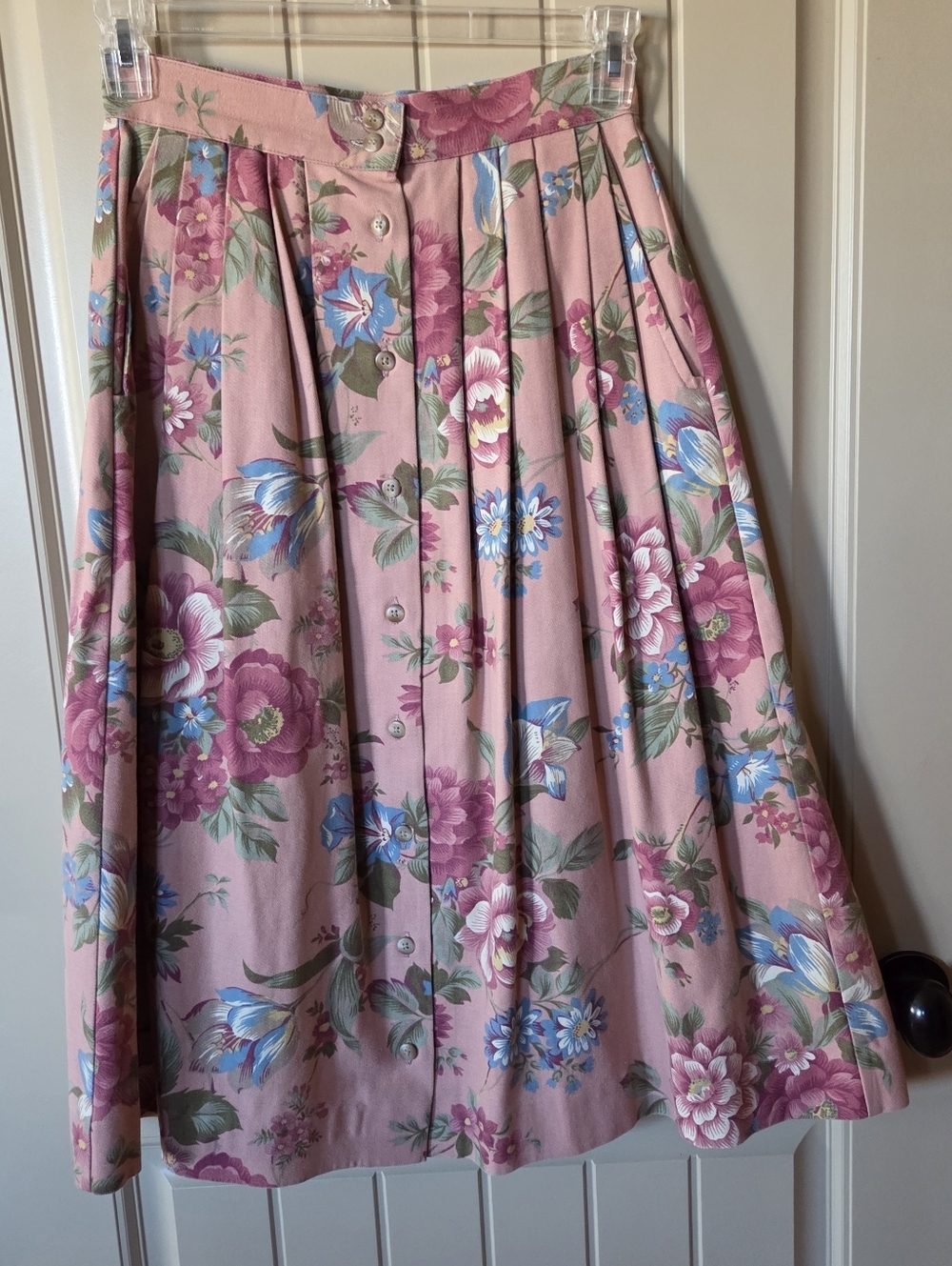Vtg Ruff Hewn Floral Pleated Button Front Midi Skirt Pink Cotton Pockets USA 8 - Picture 2 of 12